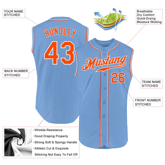Custom Light Blue Orange-White Authentic Sleeveless Baseball Jersey - Sky-Custom