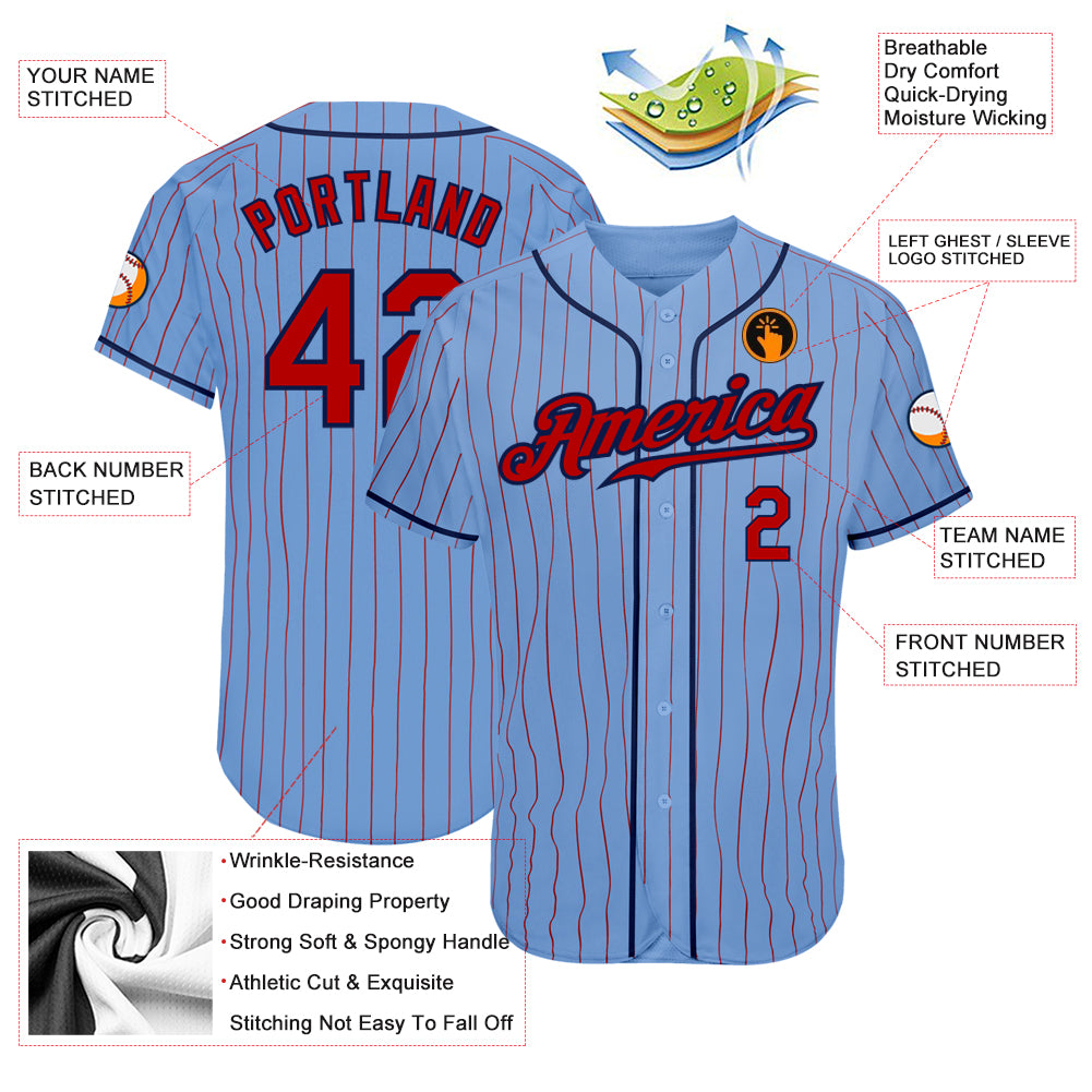 Custom Light Blue Red Pinstripe Red-Navy Authentic Baseball Jersey - Sky-Custom