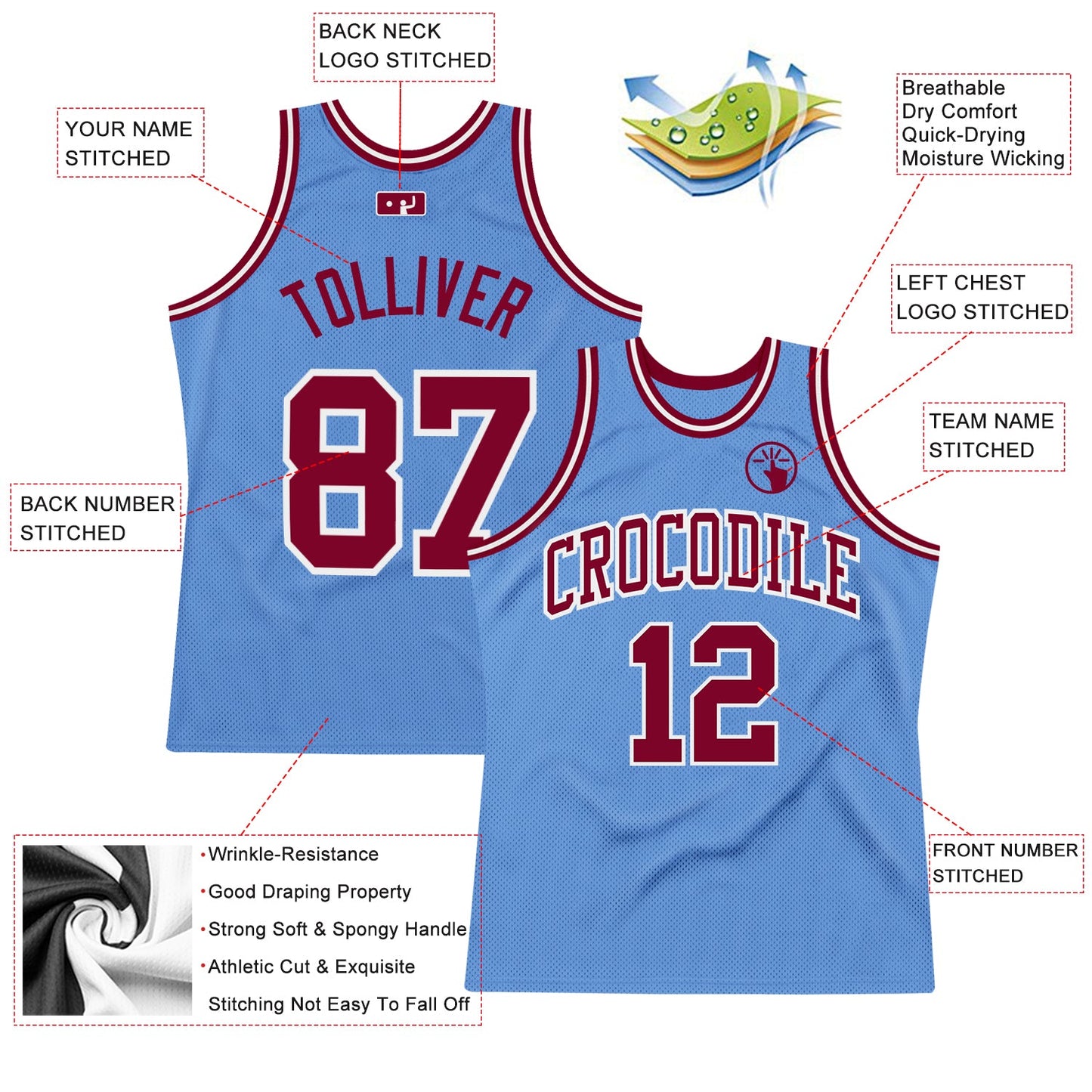 Custom Light Blue Maroon-White Authentic Throwback Basketball Jersey - Sky-Custom