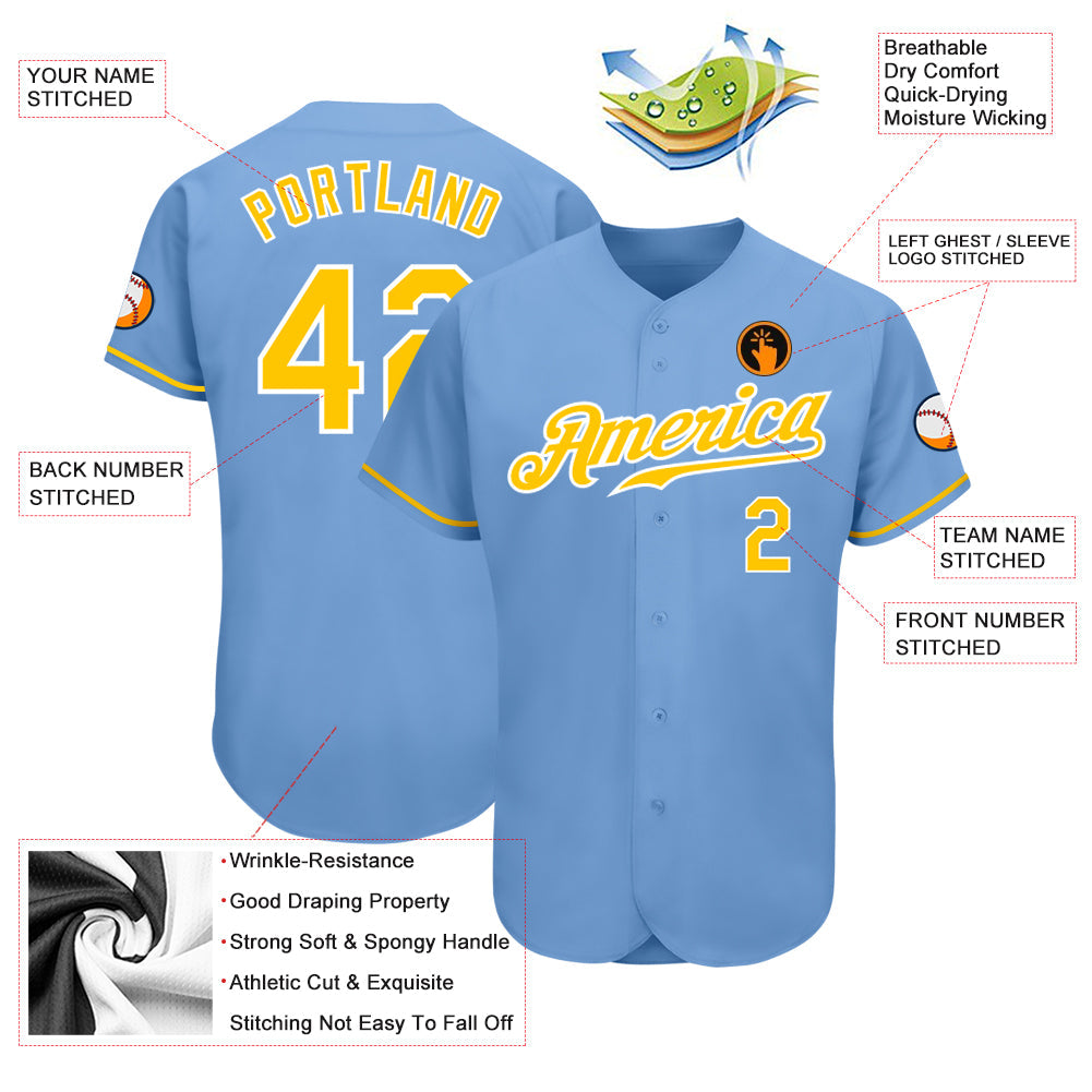 Custom Light Blue Gold-White Authentic Baseball Jersey - Sky-Custom