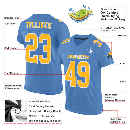 Custom Light Blue Gold-White Mesh Authentic Football Jersey - Sky-Custom