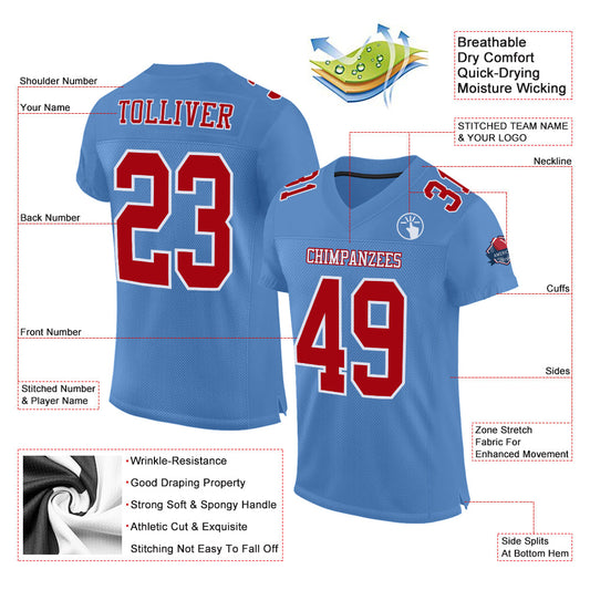 Custom Light Blue Red-White Mesh Authentic Football Jersey - Sky-Custom