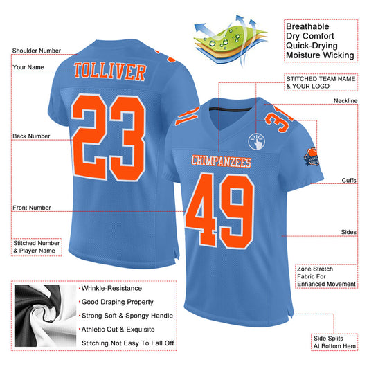 Custom Light Blue Orange-White Mesh Authentic Football Jersey - Sky-Custom
