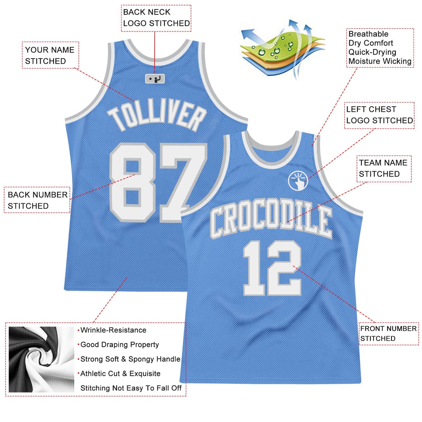 Custom Light Blue White-Gray Authentic Throwback Basketball Jersey - Sky-Custom