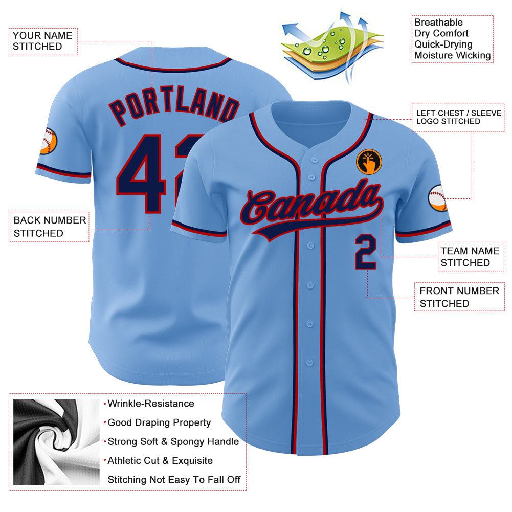 Custom Light Blue Navy-Red Authentic Baseball Jersey - Sky-Custom