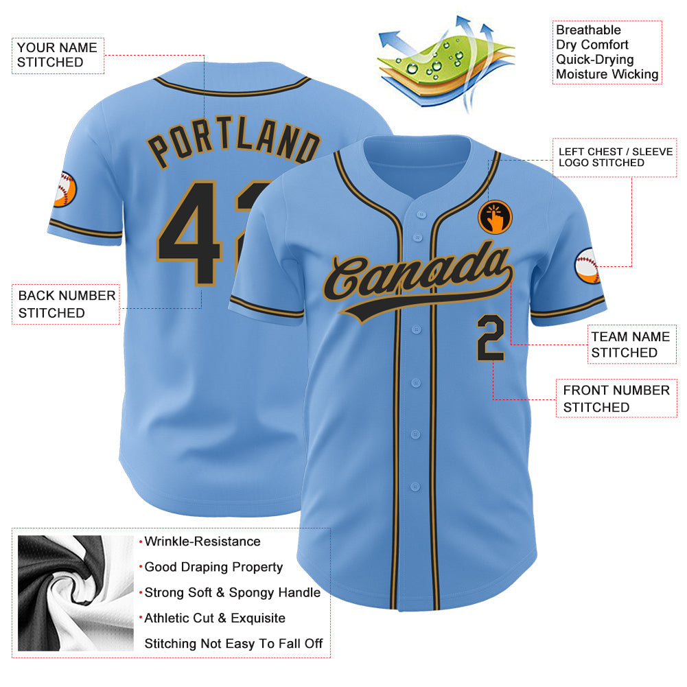 Custom Light Blue Black-Old Gold Authentic Baseball Jersey - Sky-Custom