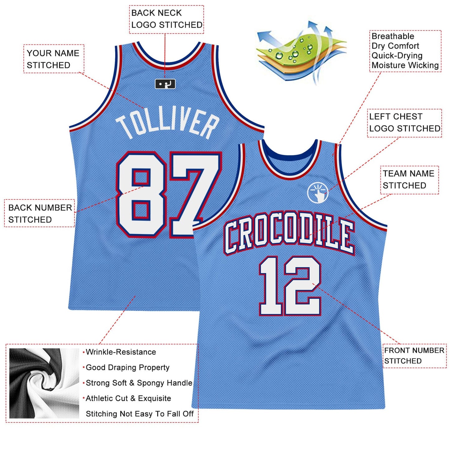 Custom Light Blue White Royal-Red Authentic Throwback Basketball Jersey - Sky-Custom