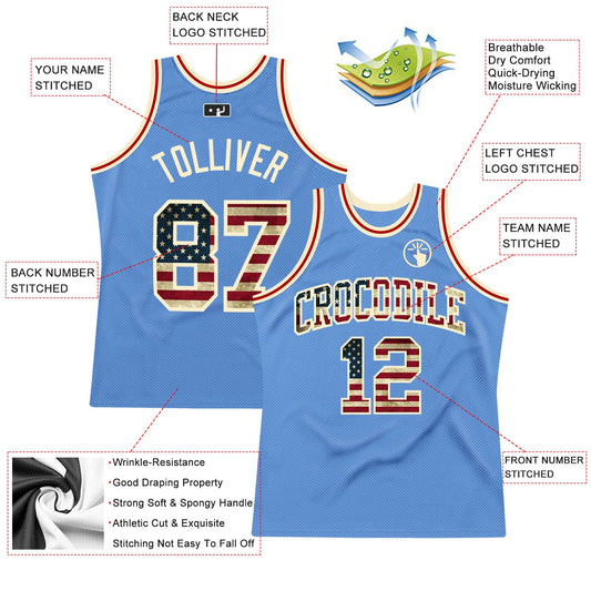 Custom Light Blue Vintage USA Flag-Cream Authentic Throwback Basketball Jersey - Sky-Custom