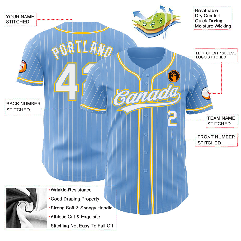 Custom Light Blue White Pinstripe White-Gold Authentic Baseball Jersey - Sky-Custom