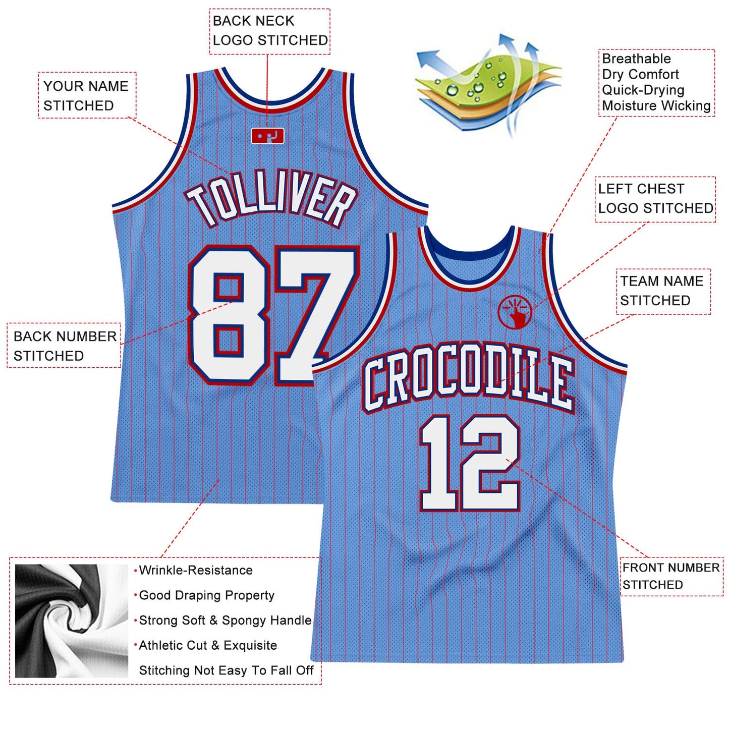 Custom Light Blue Red Pinstripe White-Royal Authentic Basketball Jersey - Sky-Custom