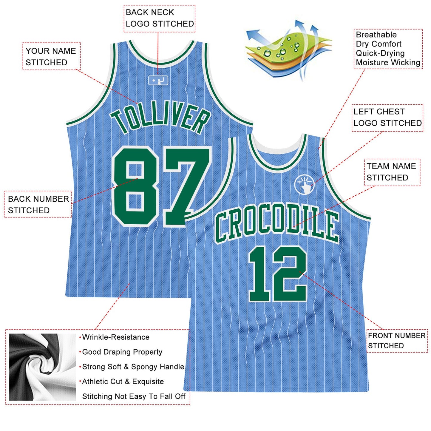 Custom Light Blue White Pinstripe Kelly Green Authentic Basketball Jersey - Sky-Custom