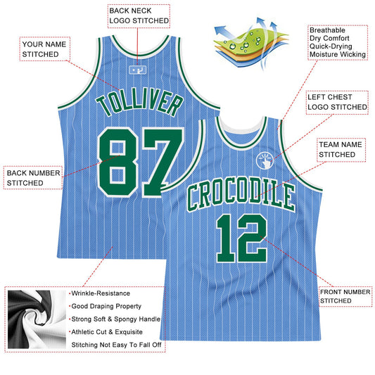 Custom Light Blue White Pinstripe Kelly Green Authentic Basketball Jersey - Sky-Custom