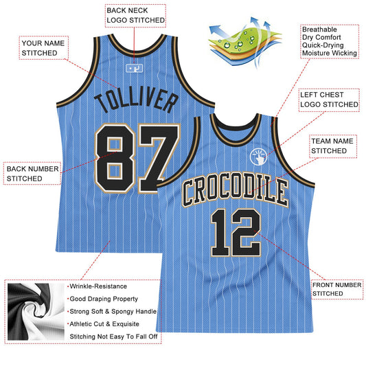 Custom Light Blue White Pinstripe Black-Old Gold Authentic Basketball Jersey - Sky-Custom