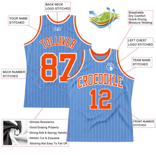 Custom Light Blue White Pinstripe Orange Authentic Basketball Jersey - Sky-Custom