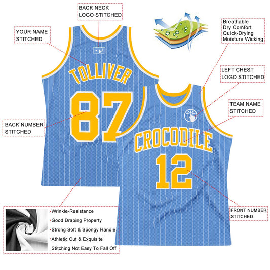 Custom Light Blue White Pinstripe Gold Authentic Basketball Jersey - Sky-Custom