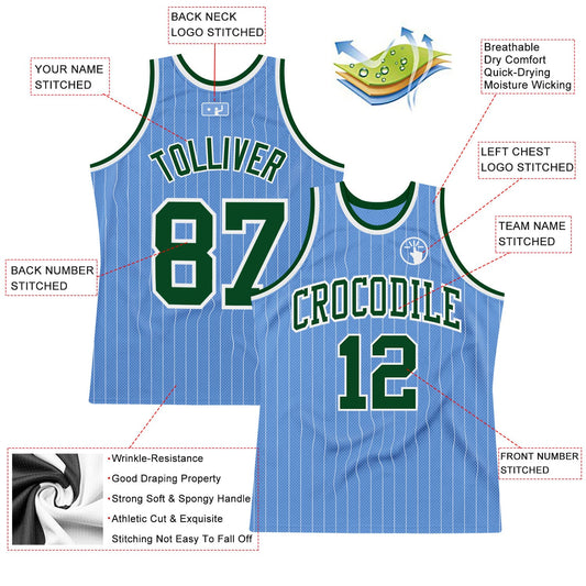 Custom Light Blue White Pinstripe Green Authentic Basketball Jersey - Sky-Custom
