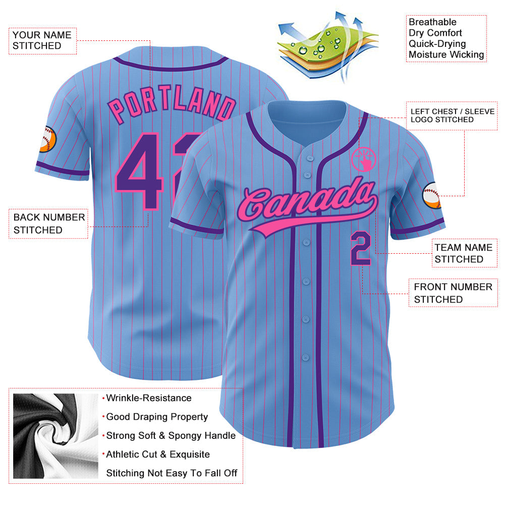 Custom Light Blue Pink Pinstripe Purple Authentic Baseball Jersey - Sky-Custom