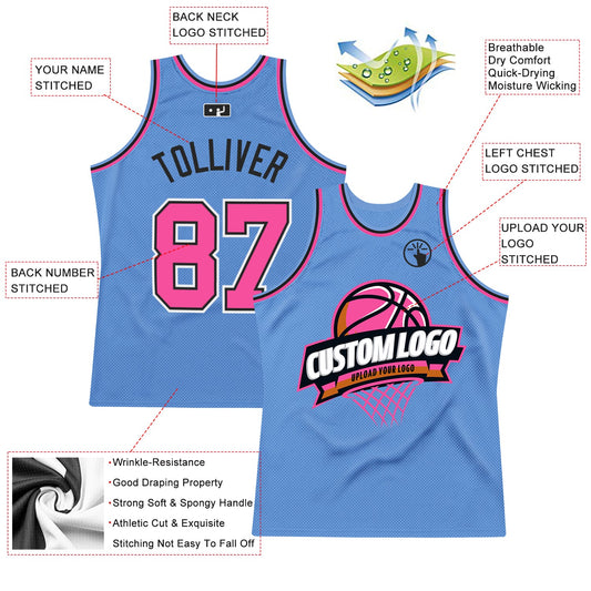 Custom Light Blue Pink-Black Authentic Throwback Basketball Jersey - Sky-Custom