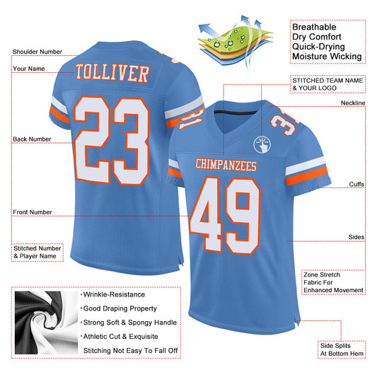 Custom Light Blue White-Orange Mesh Authentic Football Jersey - Sky-Custom