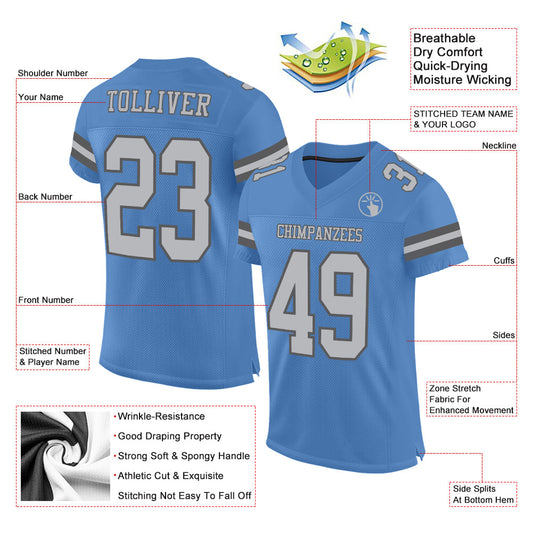 Custom Light Blue Gray-Steel Gray Mesh Authentic Football Jersey - Sky-Custom