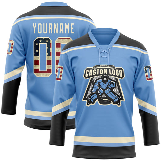 Custom Light Blue Vintage USA Flag Black-Cream Hockey Lace Neck Jersey - Sky-Custom