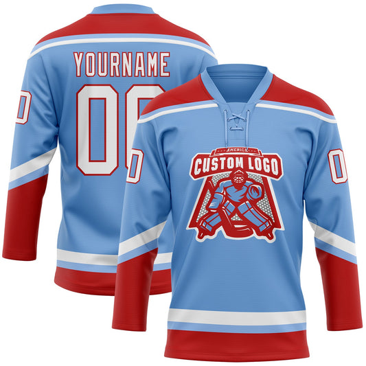 Custom Light Blue White-Red Hockey Lace Neck Jersey - Sky-Custom