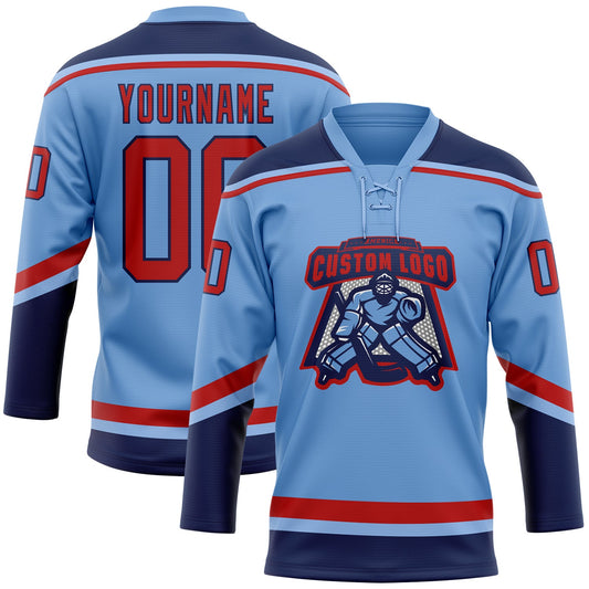 Custom Light Blue Red-Navy Hockey Lace Neck Jersey - Sky-Custom