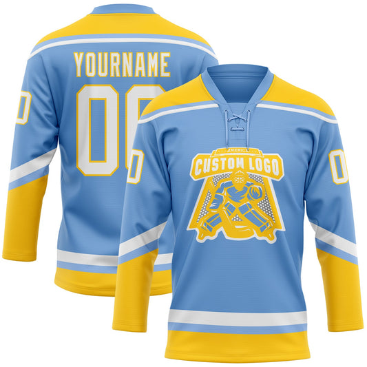 Custom Light Blue White-Yellow Hockey Lace Neck Jersey - Sky-Custom