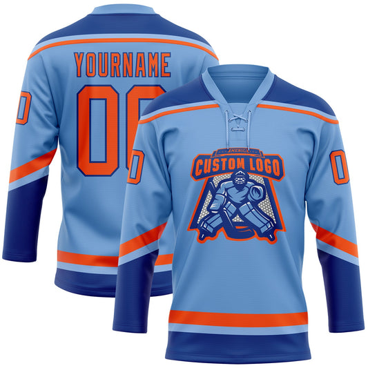 Custom Light Blue Orange-Royal Hockey Lace Neck Jersey - Sky-Custom