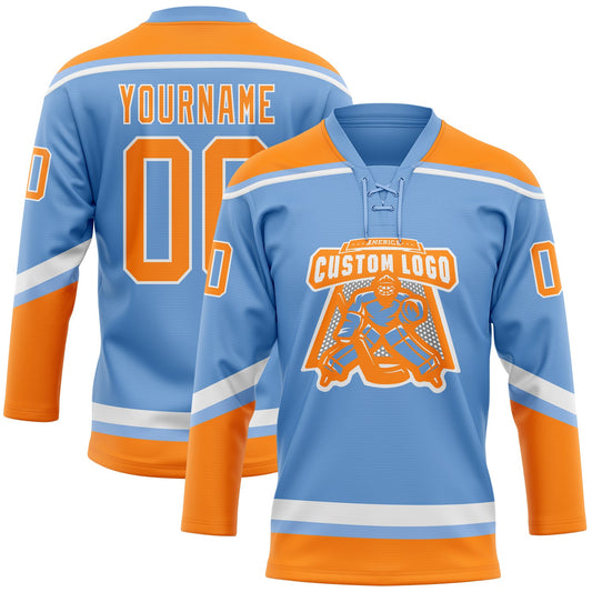 Custom Light Blue Bay Orange-White Hockey Lace Neck Jersey - Sky-Custom