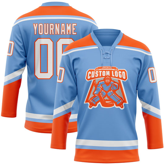 Custom Light Blue White-Orange Hockey Lace Neck Jersey - Sky-Custom