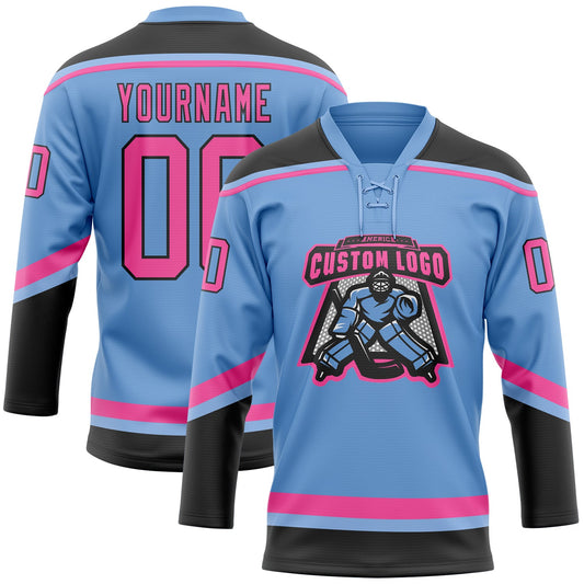 Custom Light Blue Pink-Black Hockey Lace Neck Jersey - Sky-Custom