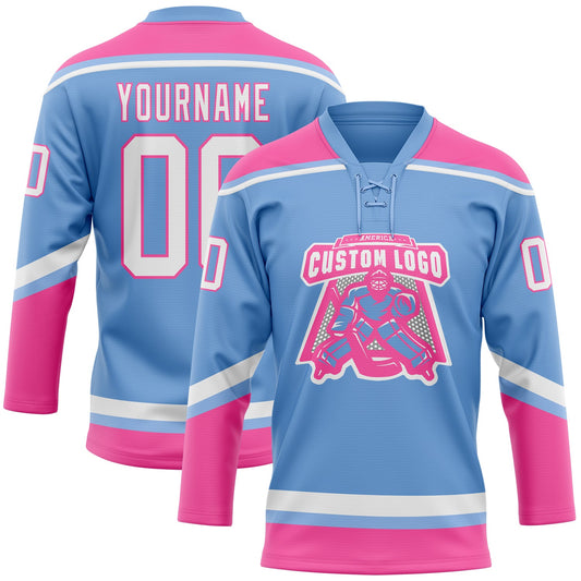 Custom Light Blue White-Pink Hockey Lace Neck Jersey - Sky-Custom