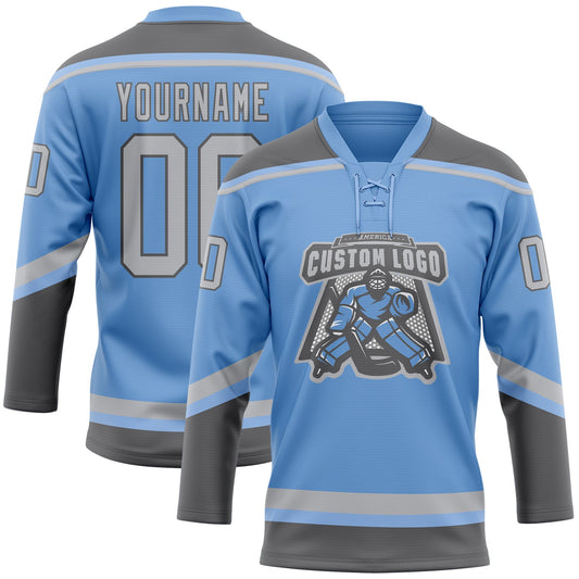 Custom Light Blue Gray-Steel Gray Hockey Lace Neck Jersey - Sky-Custom