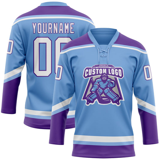 Custom Light Blue White-Purple Hockey Lace Neck Jersey - Sky-Custom