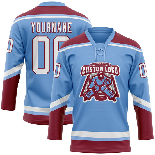Custom Light Blue White-Crimson Hockey Lace Neck Jersey - Sky-Custom