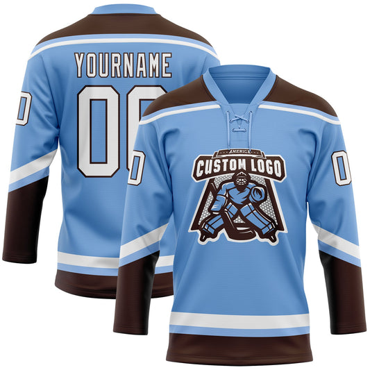 Custom Light Blue White-Brown Hockey Lace Neck Jersey - Sky-Custom