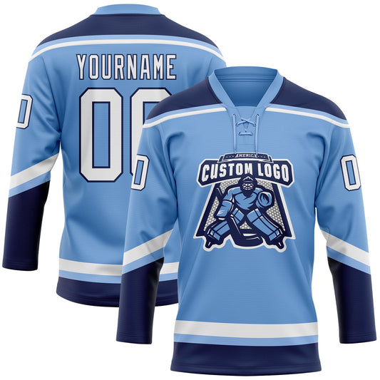 Custom Light Blue White-Navy Hockey Lace Neck Jersey - Sky-Custom
