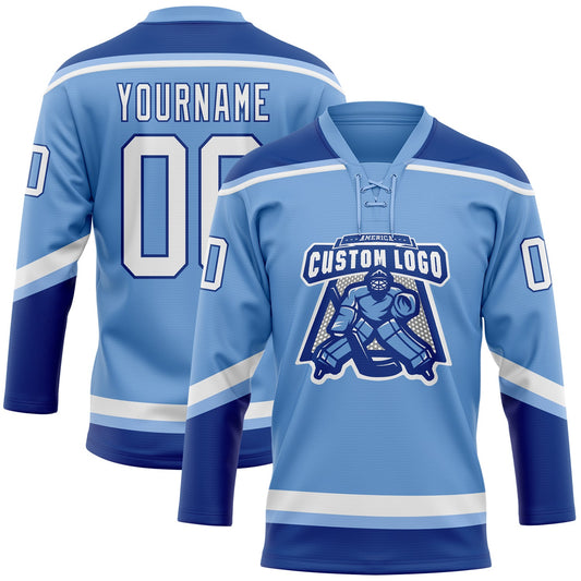 Custom Light Blue White-Royal Hockey Lace Neck Jersey - Sky-Custom