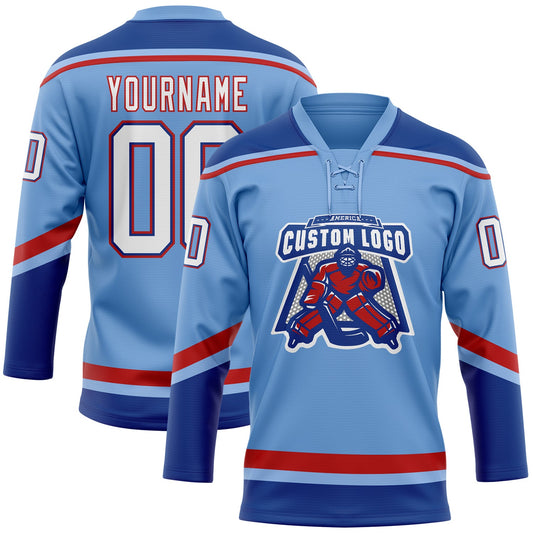 Custom Light Blue White Royal-Red Hockey Lace Neck Jersey - Sky-Custom
