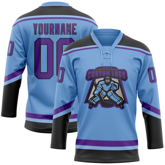 Custom Light Blue Purple-Black Hockey Lace Neck Jersey - Sky-Custom