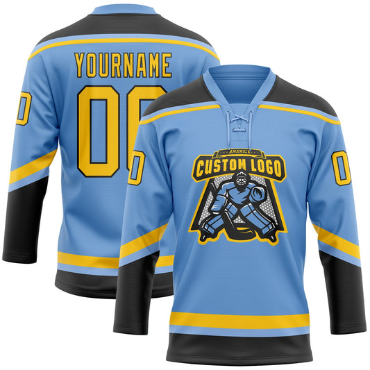 Custom Light Blue Yellow-Black Hockey Lace Neck Jersey - Sky-Custom