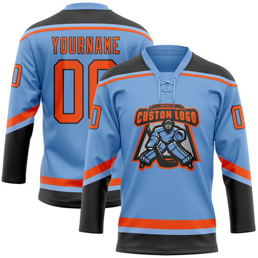 Custom Light Blue Orange-Black Hockey Lace Neck Jersey - Sky-Custom