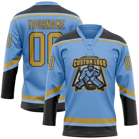 Custom Light Blue Old Gold-Black Hockey Lace Neck Jersey - Sky-Custom
