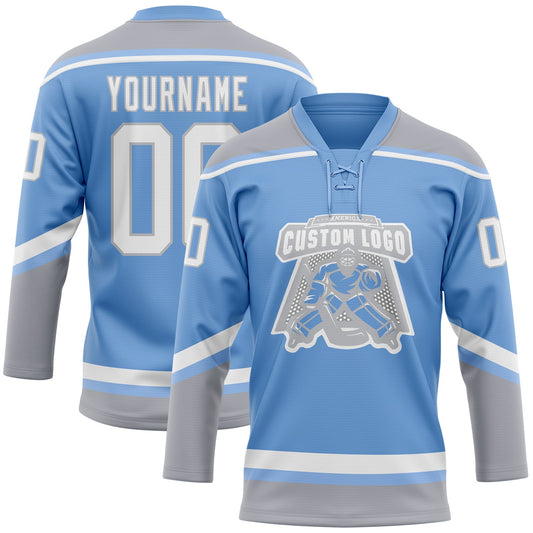 Custom Light Blue White-Gray Hockey Lace Neck Jersey - Sky-Custom