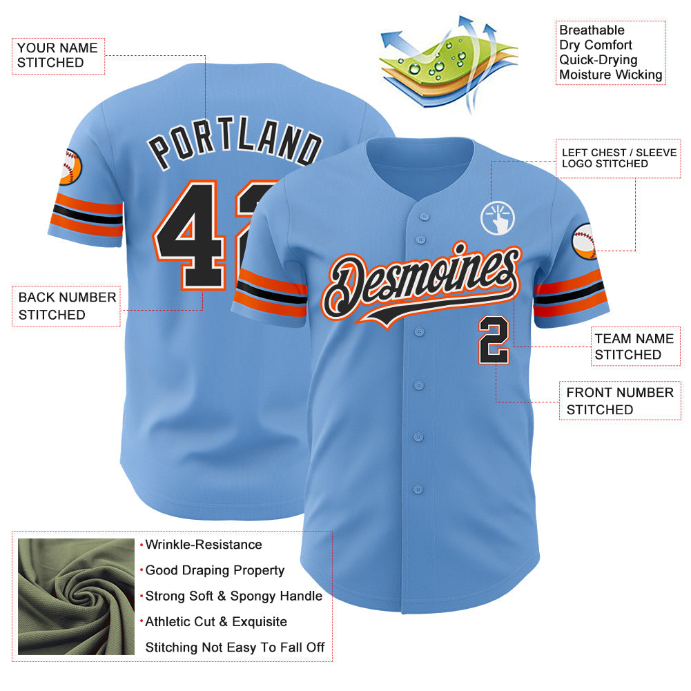 Custom Light Blue Black-Orange Authentic Baseball Jersey - Sky-Custom