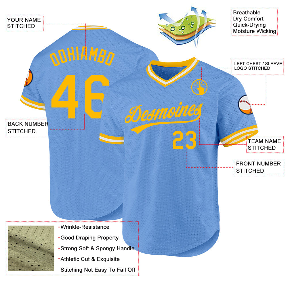 Custom Light Blue Gold-White Authentic Throwback Baseball Jersey - Sky-Custom