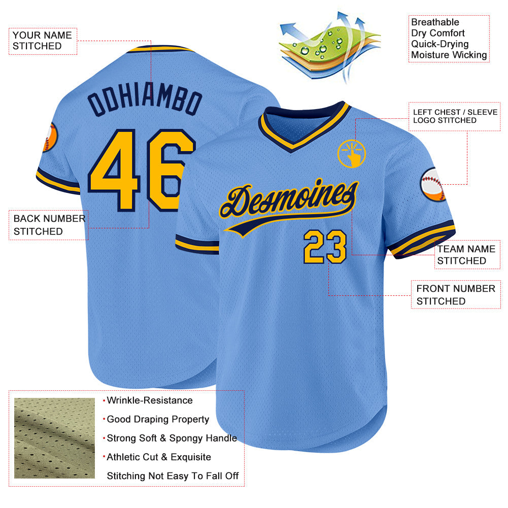 Custom Light Blue Gold-Navy Authentic Throwback Baseball Jersey - Sky-Custom