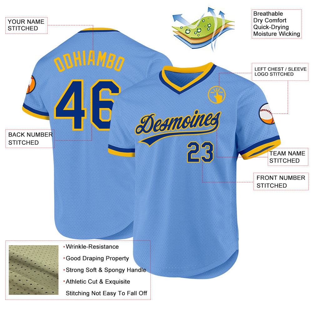 Custom Light Blue Royal-Gold Authentic Throwback Baseball Jersey - Sky-Custom