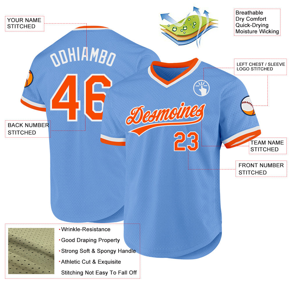 Custom Light Blue Orange-White Authentic Throwback Baseball Jersey - Sky-Custom